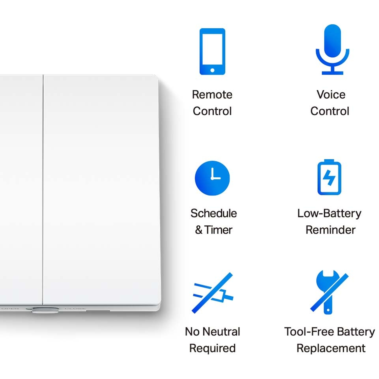 White smart switch with features like remote control, voice control, schedule, low battery reminder.