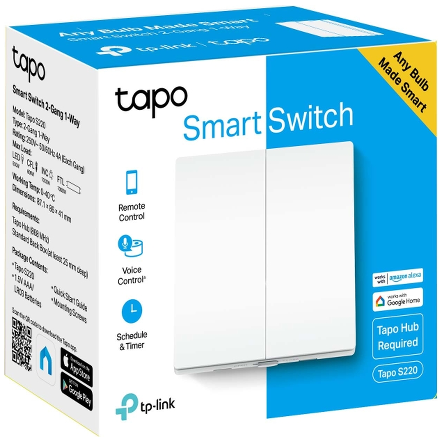 Box of Tapo Smart Switch with product details, remote and voice control icons, and Alexa/Google Home compatibility.