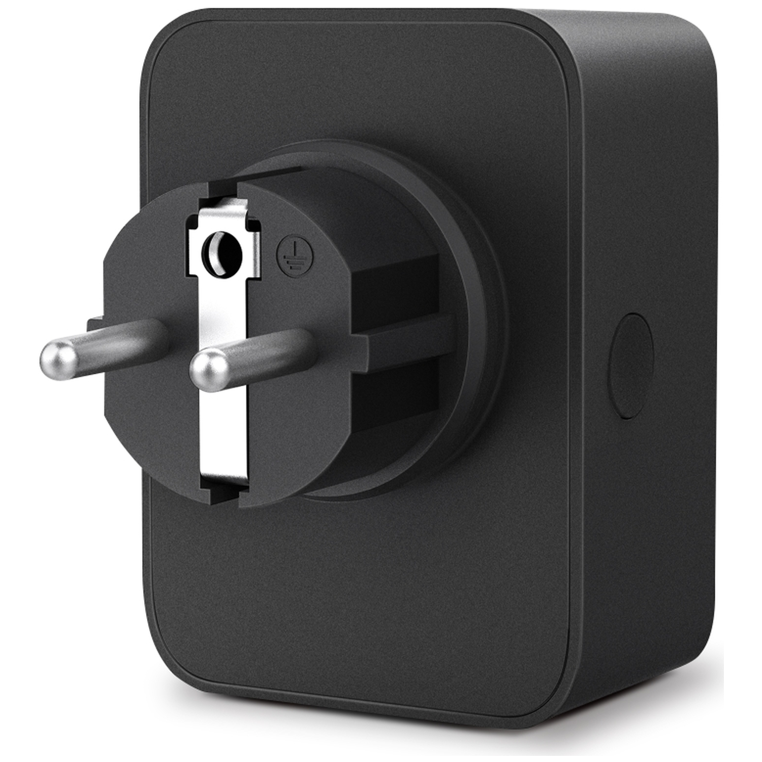 A black smart plug with two silver prongs, a ground pin, and a button. It is a close-up shot against a white background.
