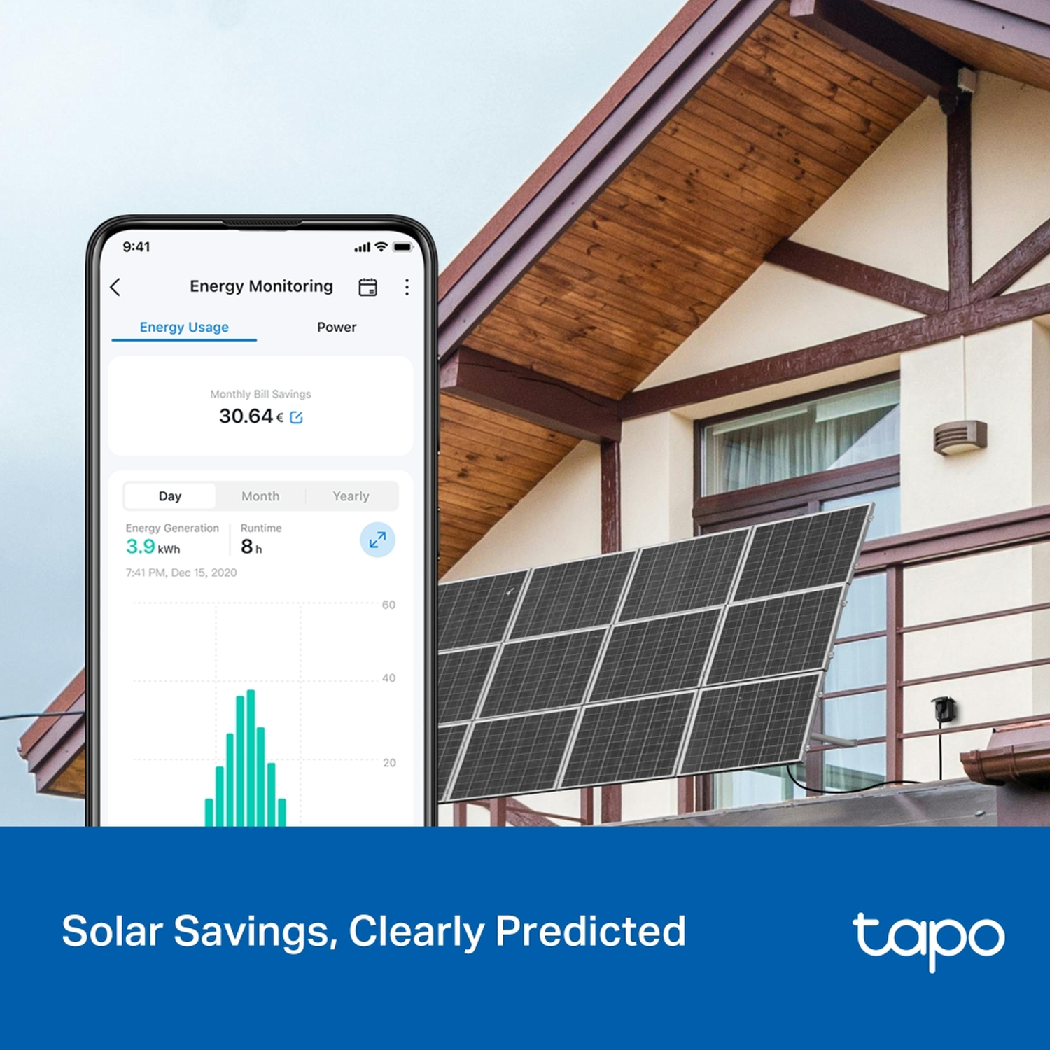 A phone displays energy monitoring app data. Solar panels are on a roof. The image shows solar savings.