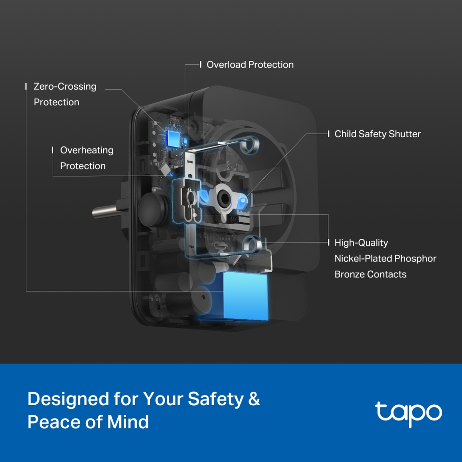 Diagram of a smart plug highlighting safety features: overload, overheating, child safety, and high-quality contacts. Blue accents and tapo logo.