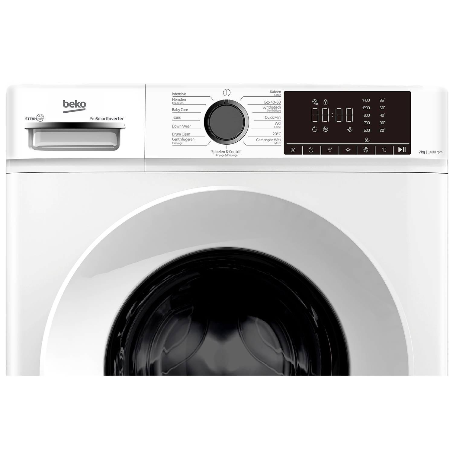 A white Beko washing machine. It has a digital display, a dial for settings, and a glass door.