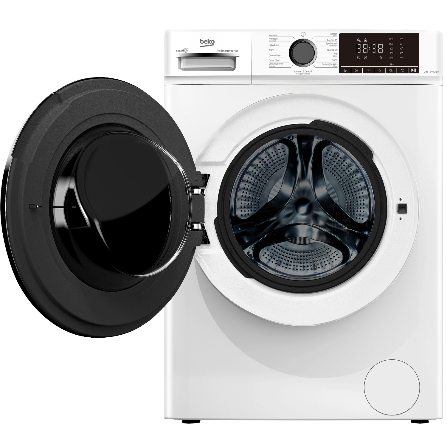 A white Beko washing machine with the door open. The interior drum is visible. Controls and display are on the top.