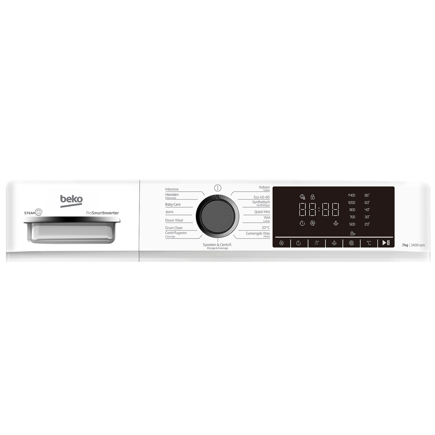 A white Beko washing machine control panel. It has a dial to choose programs, a digital display, and several buttons. 