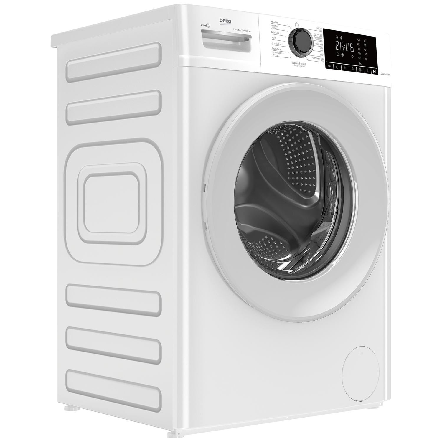 A white Beko washing machine. It has a round door and a control panel with a digital display. The machine is on a white background.