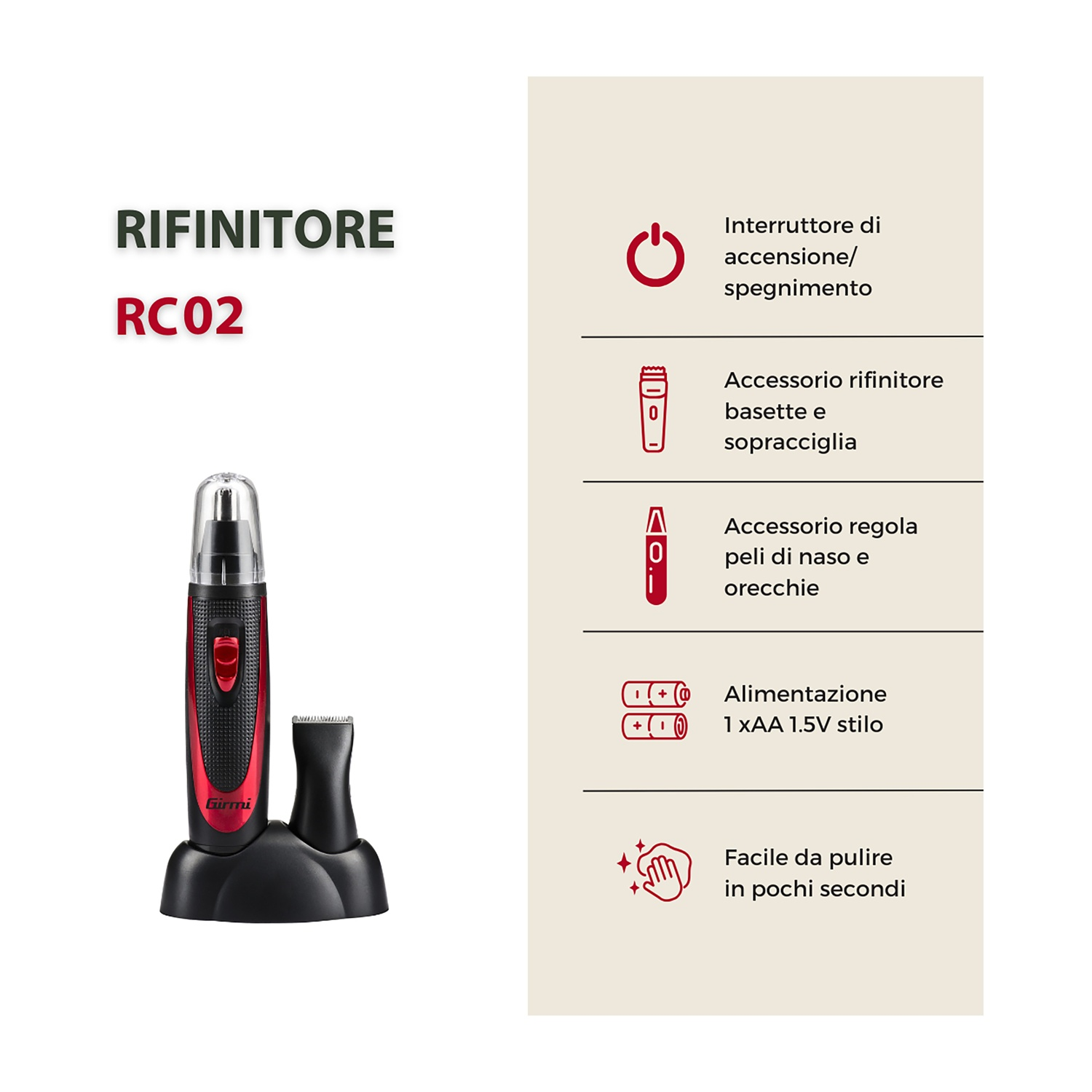 Un trimmer elettrico rosso e nero con base di ricarica e informazioni sul prodotto in italiano.