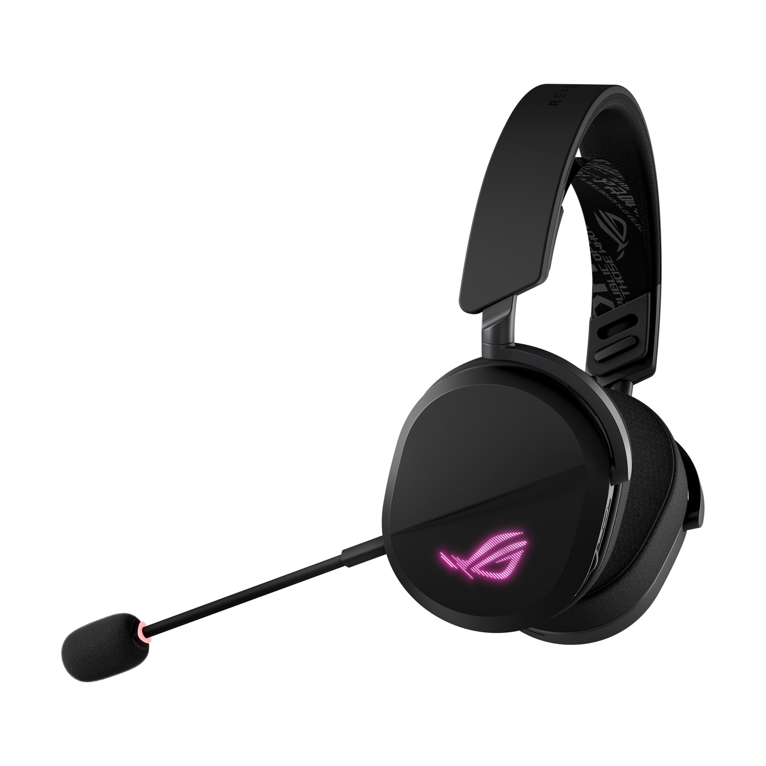 Cuffie da gaming ROG nere. Dotate di microfono, padiglioni e fascia. Il logo ROG si illumina di rosa.