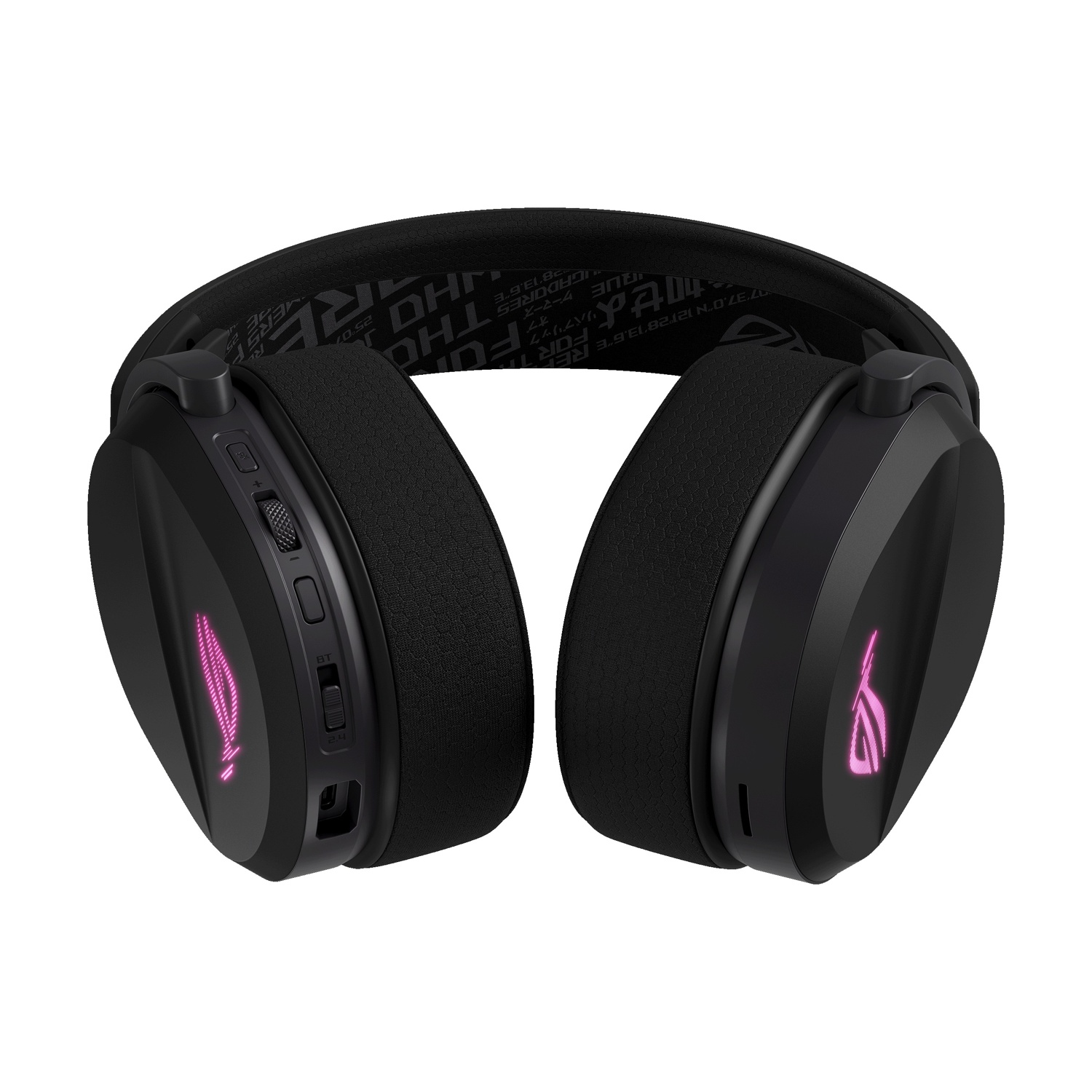 Cuffie da gaming ROG nere con logo rosa. La fascia ha testo. I padiglioni sono grandi e imbottiti.