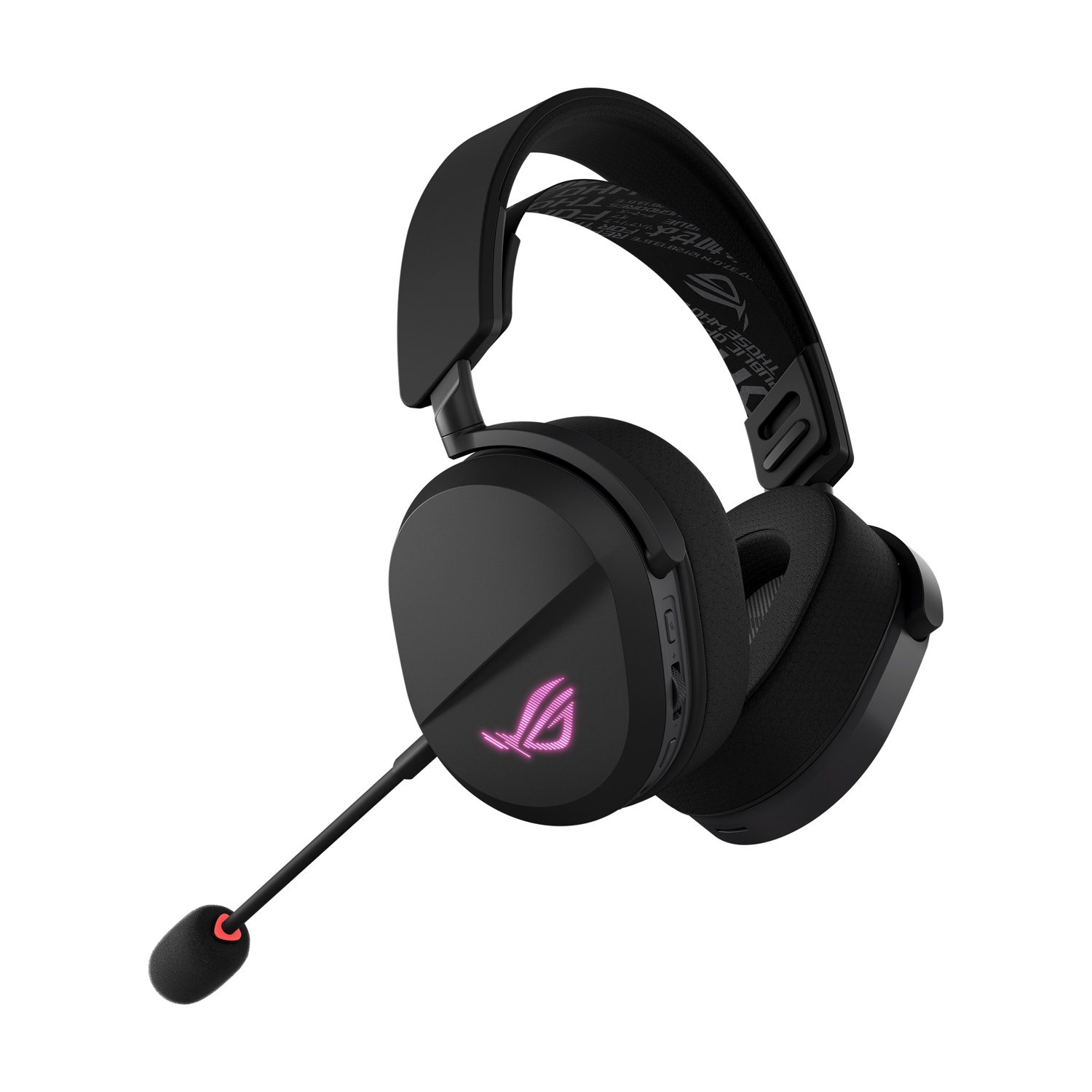 Cuffie da gioco nere con microfono. Le cuffie hanno un logo rosa e testo sulla fascia. Il microfono ha una punta rossa.