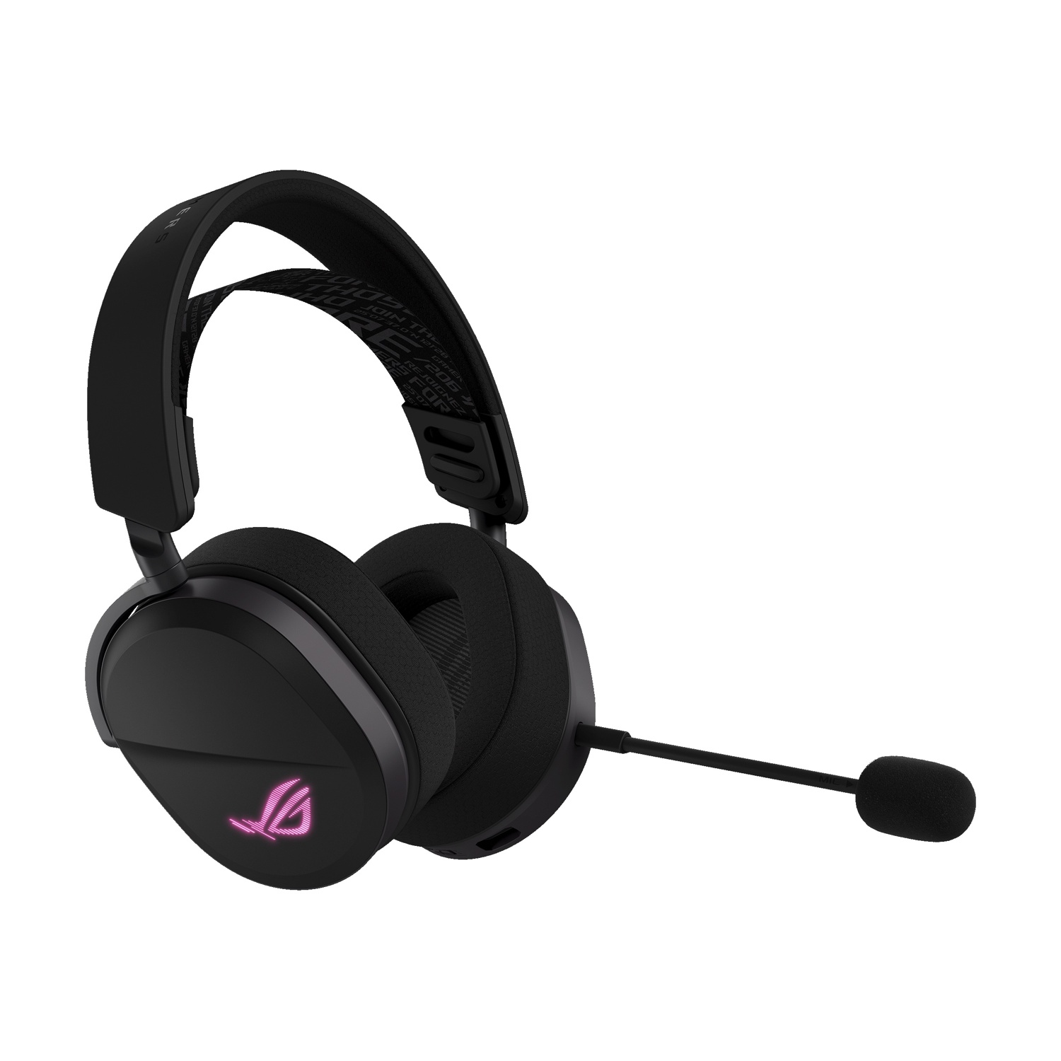 Cuffie da gioco nere con logo rosa e microfono. Ha un'archetto e padiglioni imbottiti e un microfono a braccio.