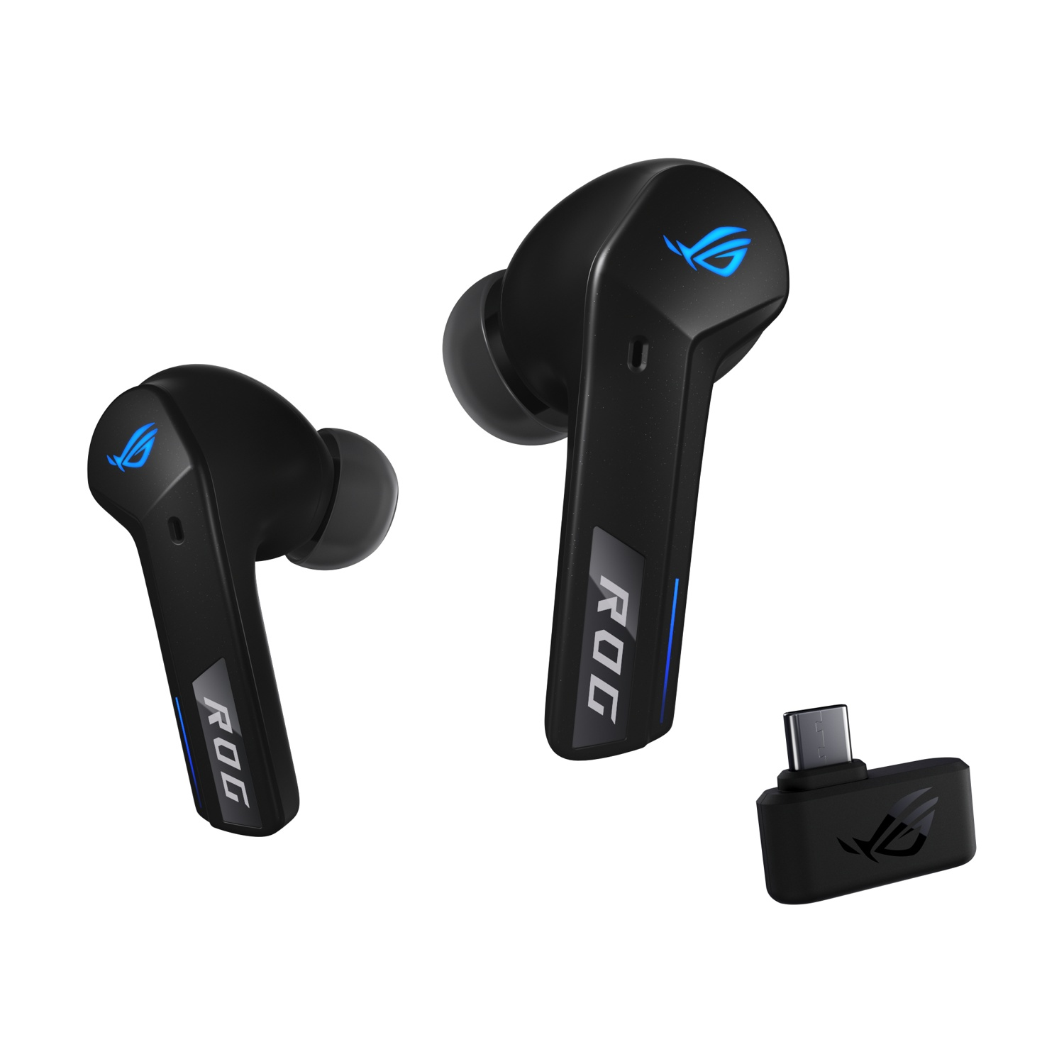 Auricolari ROG neri con custodia di ricarica. Gli auricolari hanno dettagli e loghi blu. La custodia ha un connettore USB-C.