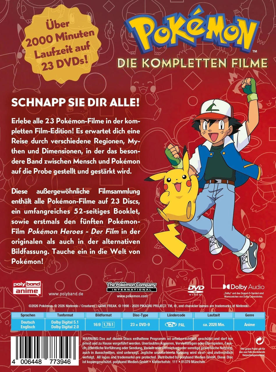 DVD-Hülle mit Ash und Pikachu. Titel: Pokémon: Die kompletten Filme. Enthält 23 DVDs mit über 2000 Minuten Inhalt.