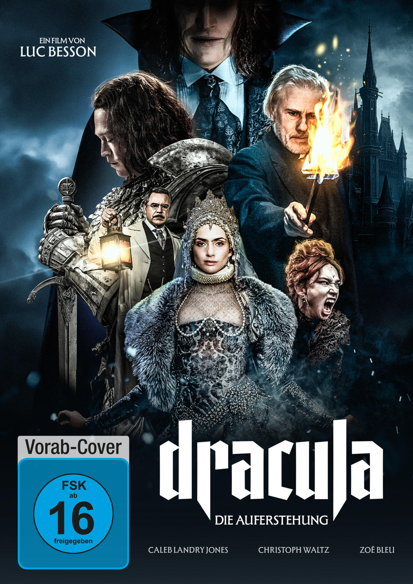 Dracula-Filmplakat. Enthält mehrere Personen, ein Schloss und den Titel. Dunkle Farben mit einer Frau im Zentrum.