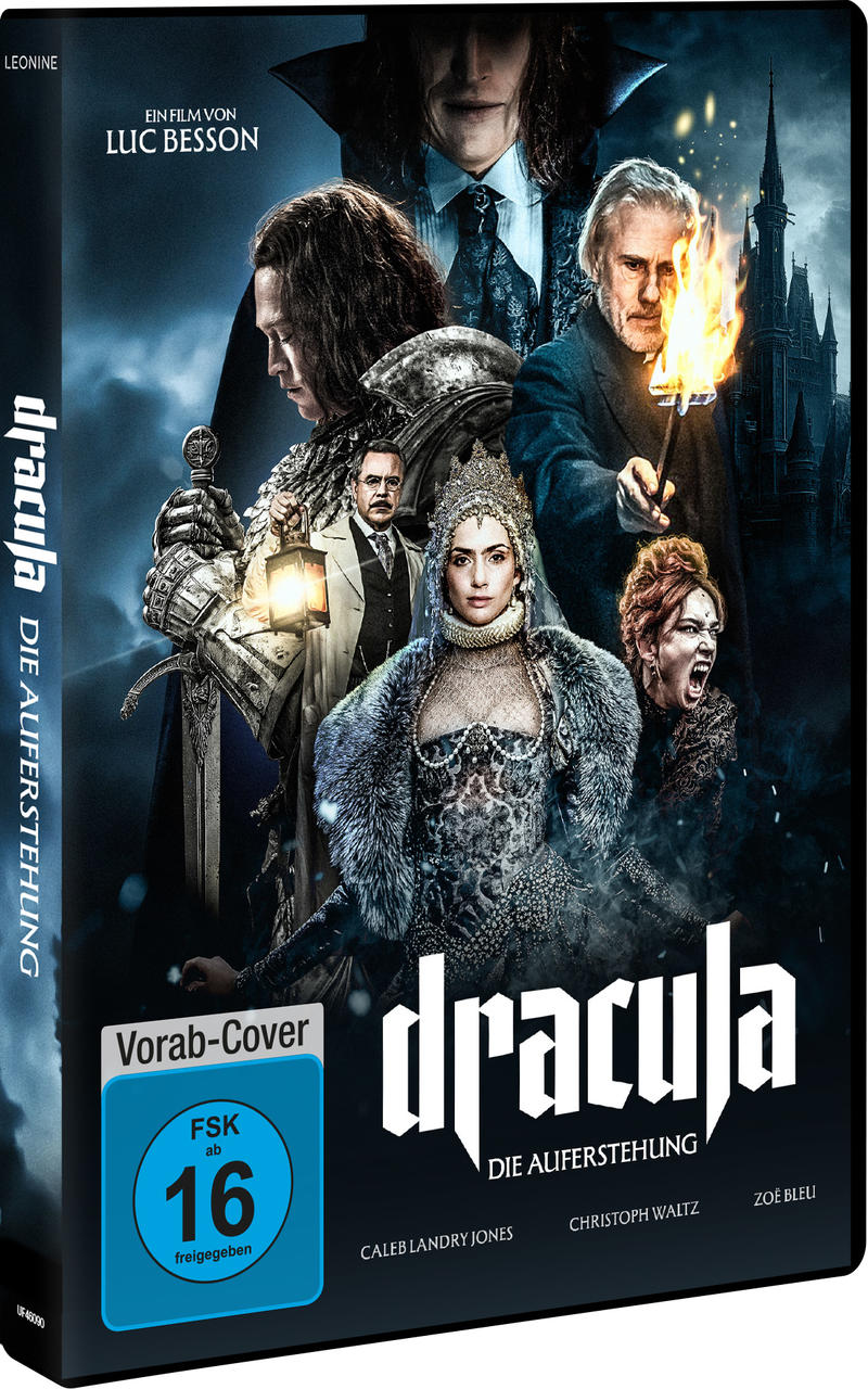 DVD-Cover für 'Dracula: Die Auferstehung'. Mit Schauspielern, einem Schloss und einer brennenden Fackel. Dunkles, gotisches Thema.