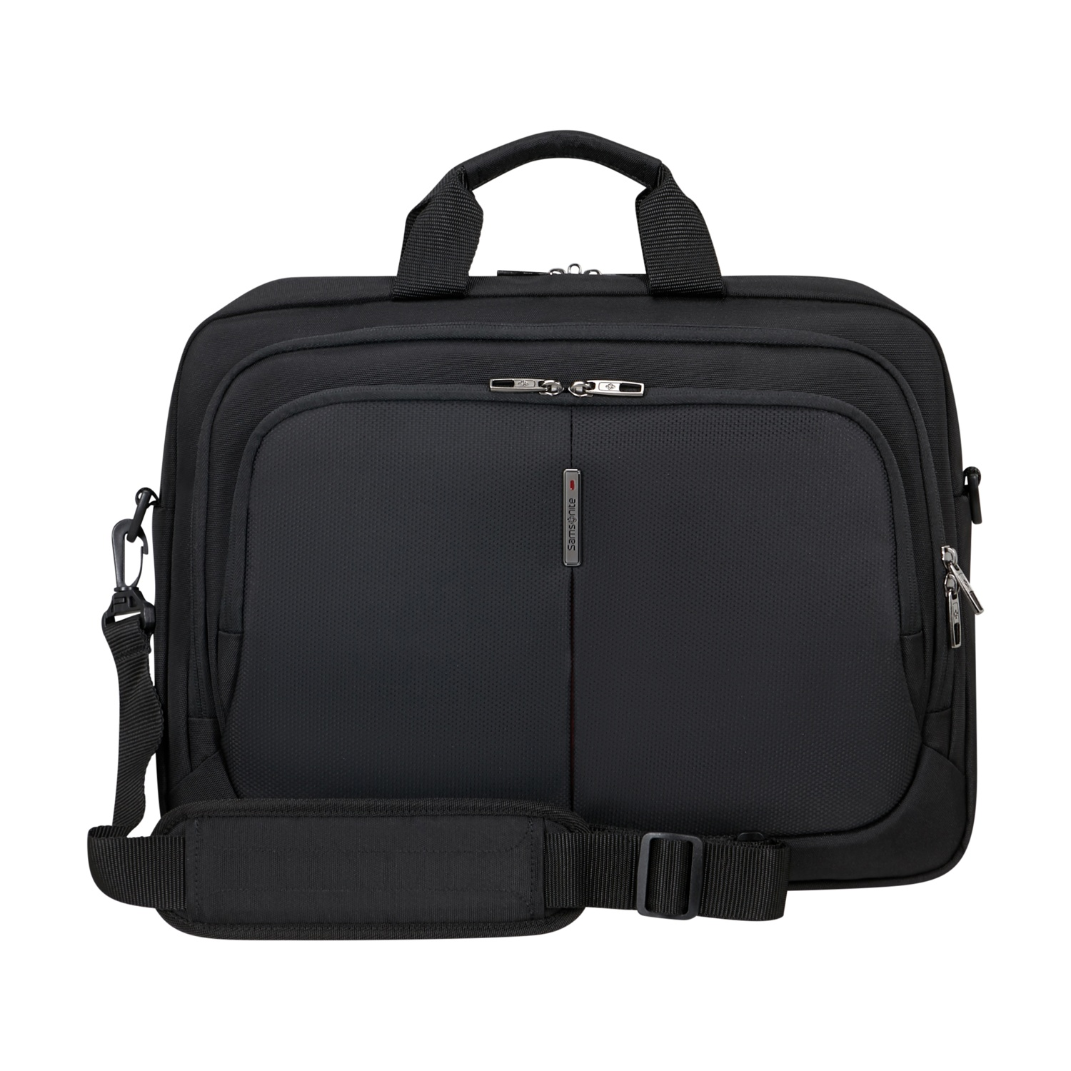 Valigetta Samsonite nera con manico e tracolla. Ha più scomparti e cerniere. Lo sfondo è bianco.