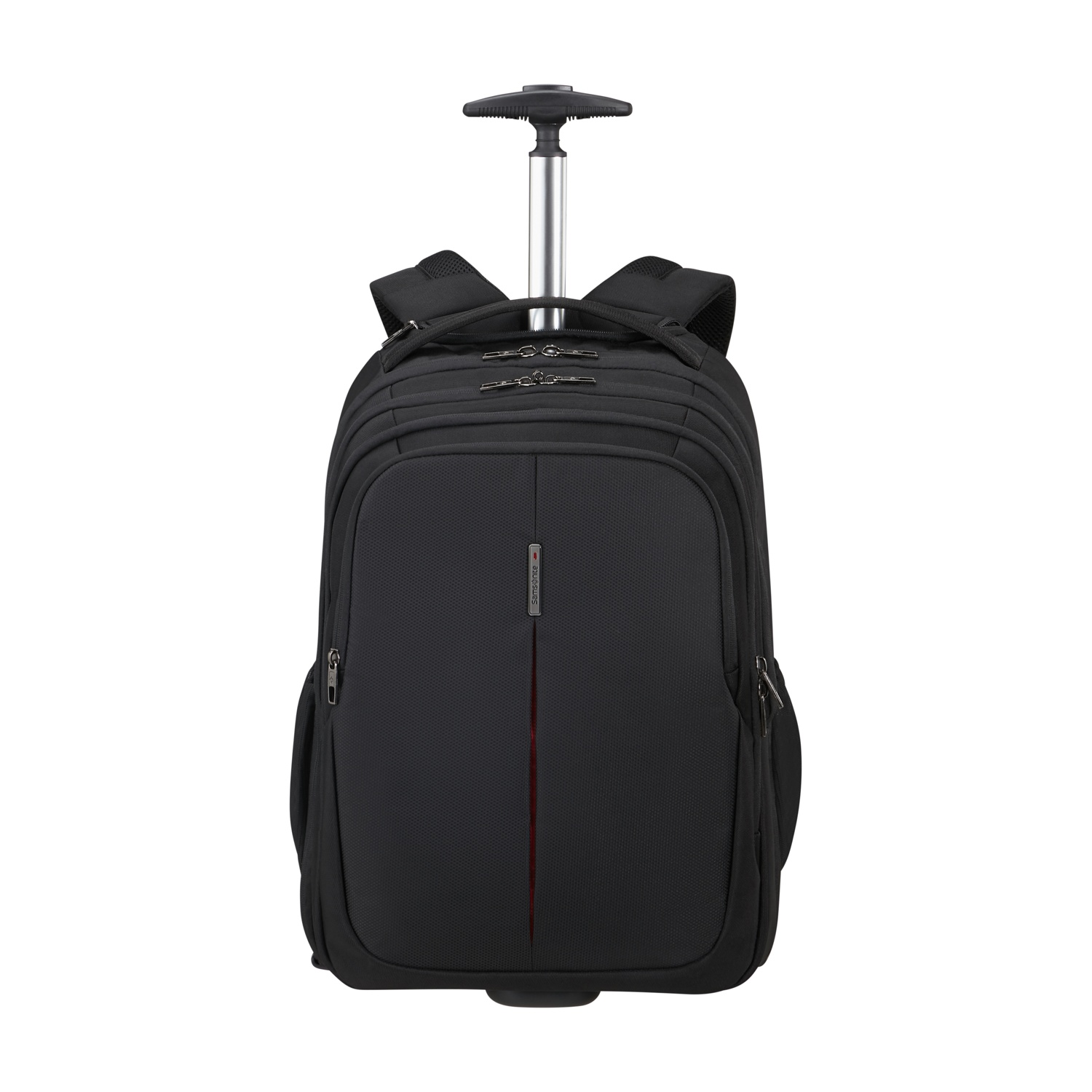 Uno zaino Samsonite nero con ruote e manico esteso. Ha una striscia rossa sul davanti e diversi scomparti.