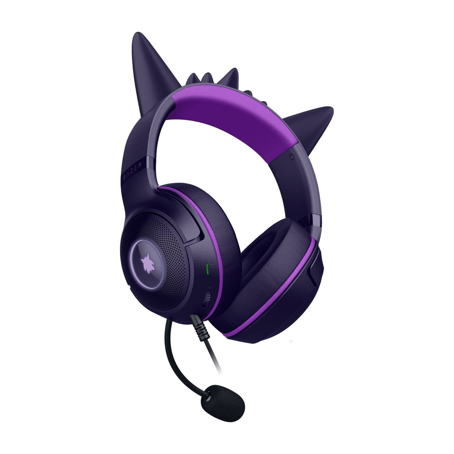 Una cuffia da gioco viola scuro con orecchie da gatto. Ha un microfono e un logo Razer. La cuffia è su sfondo bianco.