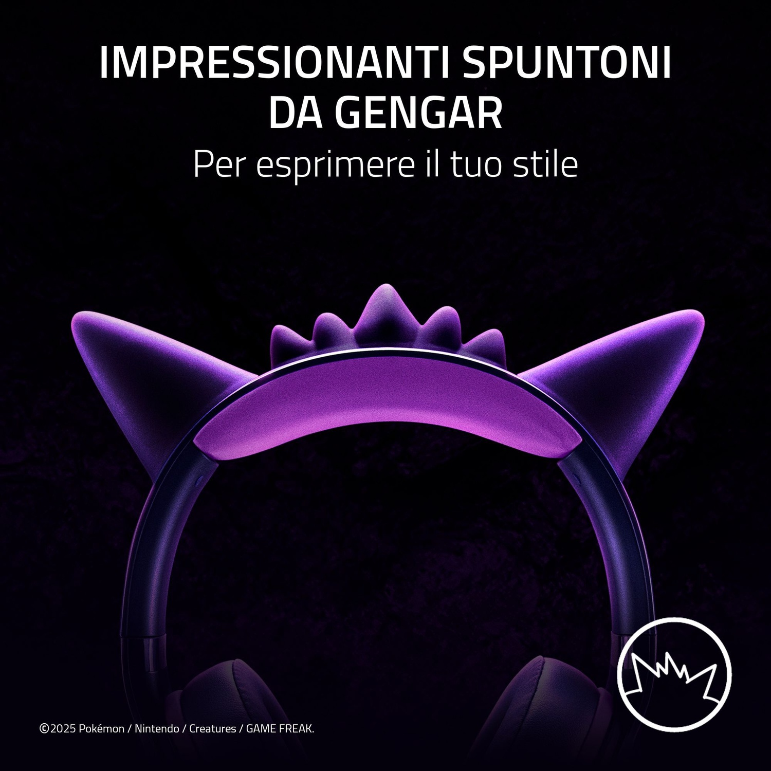 Cuffie con padiglioni viola a tema Gengar, montatura nera, su sfondo nero. Il testo in alto recita: IMPRESSIONANTI SPUNTONI DA GENGAR.