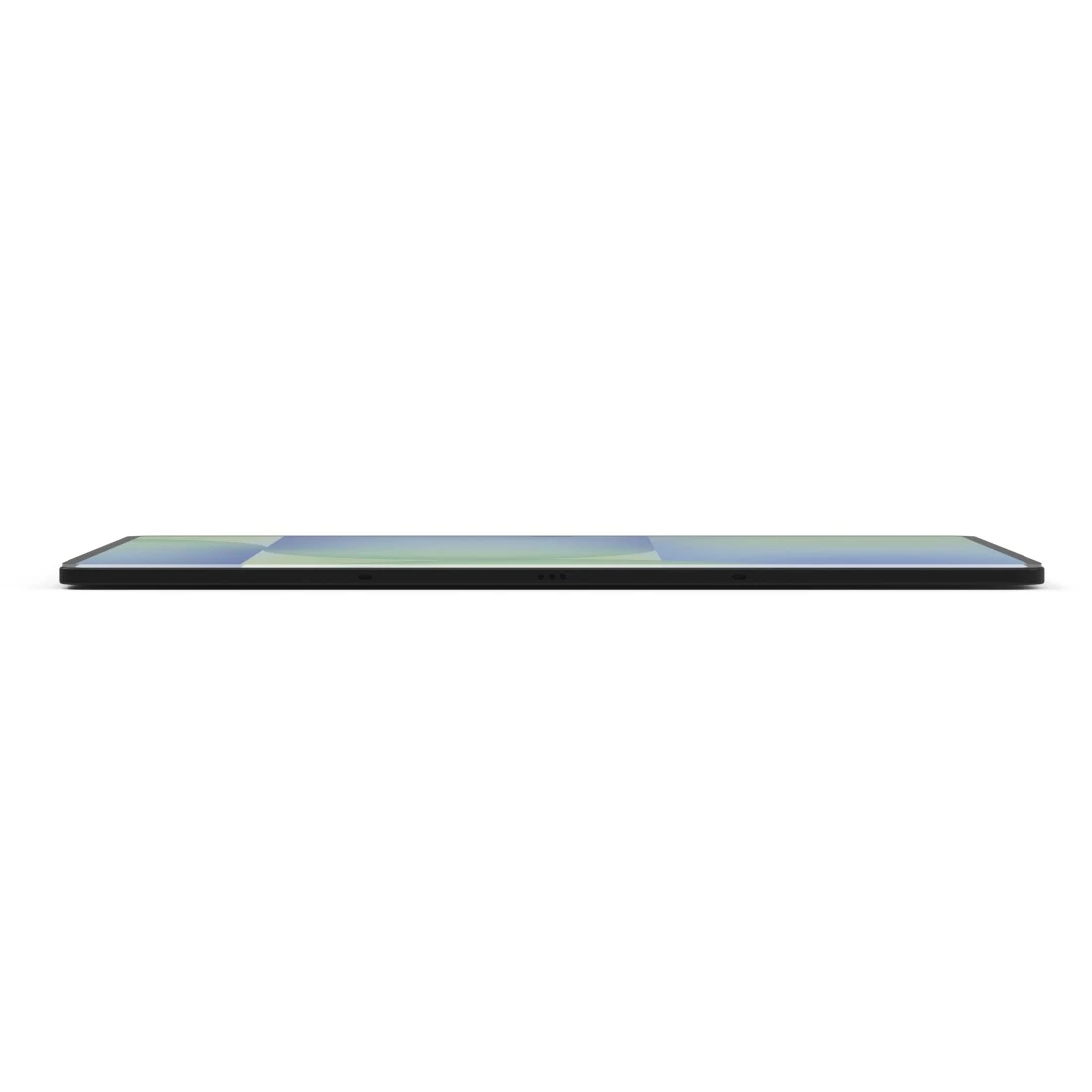 Ein Tablet-Gerät, schwarzer Rahmen, Bildschirm zeigt grüne, blaue und weiße Quadrate, schräge Ansicht. Weißer Hintergrund.