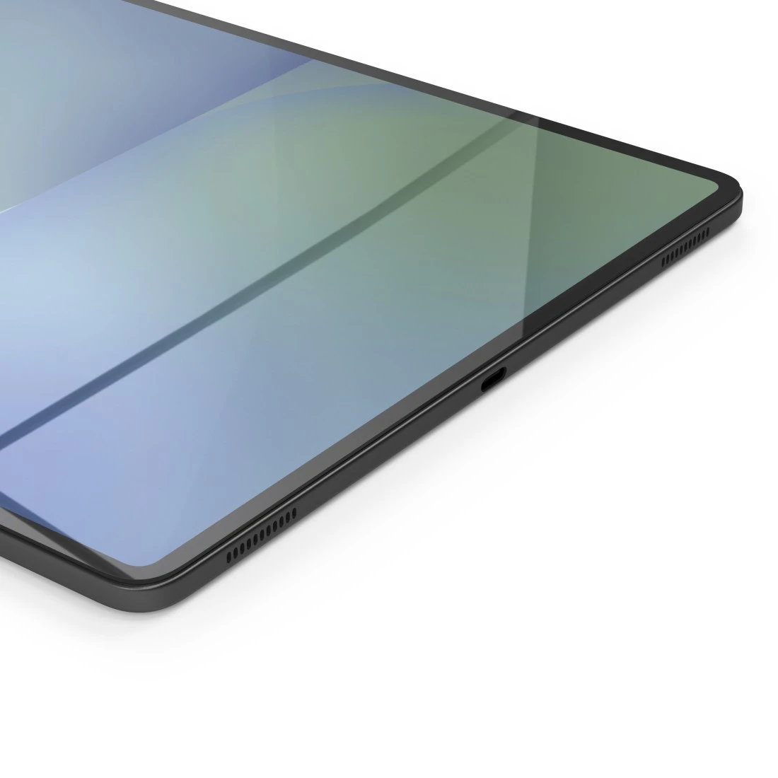 Nahaufnahme eines Tablets. Der Bildschirm hat blaue und grüne Farbtöne. Das Tablet hat einen schwarzen Rahmen und einen weißen Hintergrund.