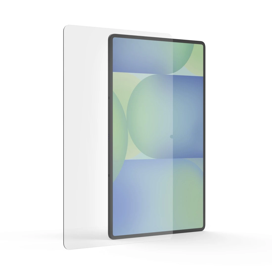 Ein Tablet mit Displayschutzfolie. Der Bildschirm zeigt ein farbenfrohes geometrisches Muster, und der Schutz ist transparent.