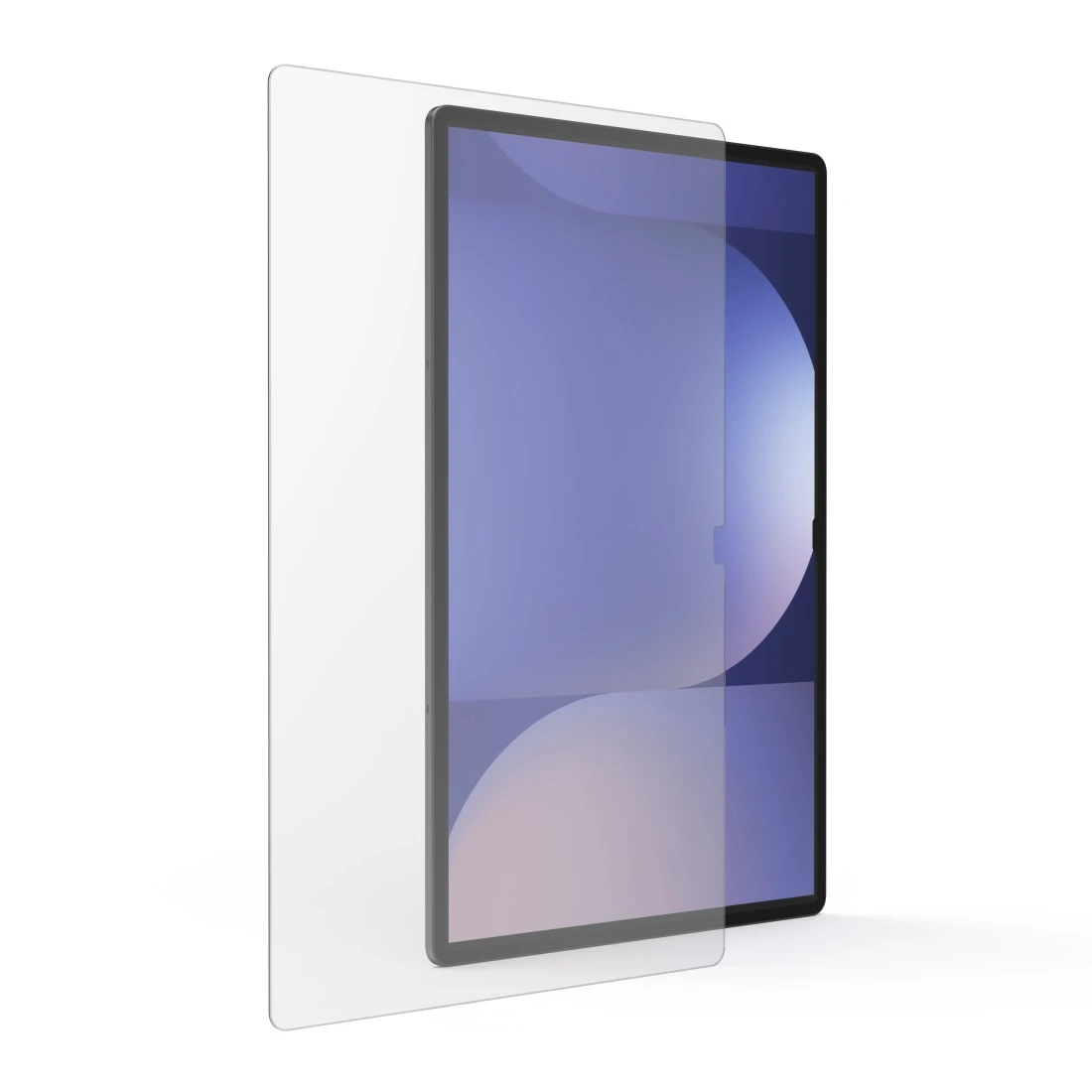 Ein Tablet mit Displayschutzfolie. Das Tablet ist schwarz, mit blauem und lila Farbverlauf. Der Schutz ist klar.
