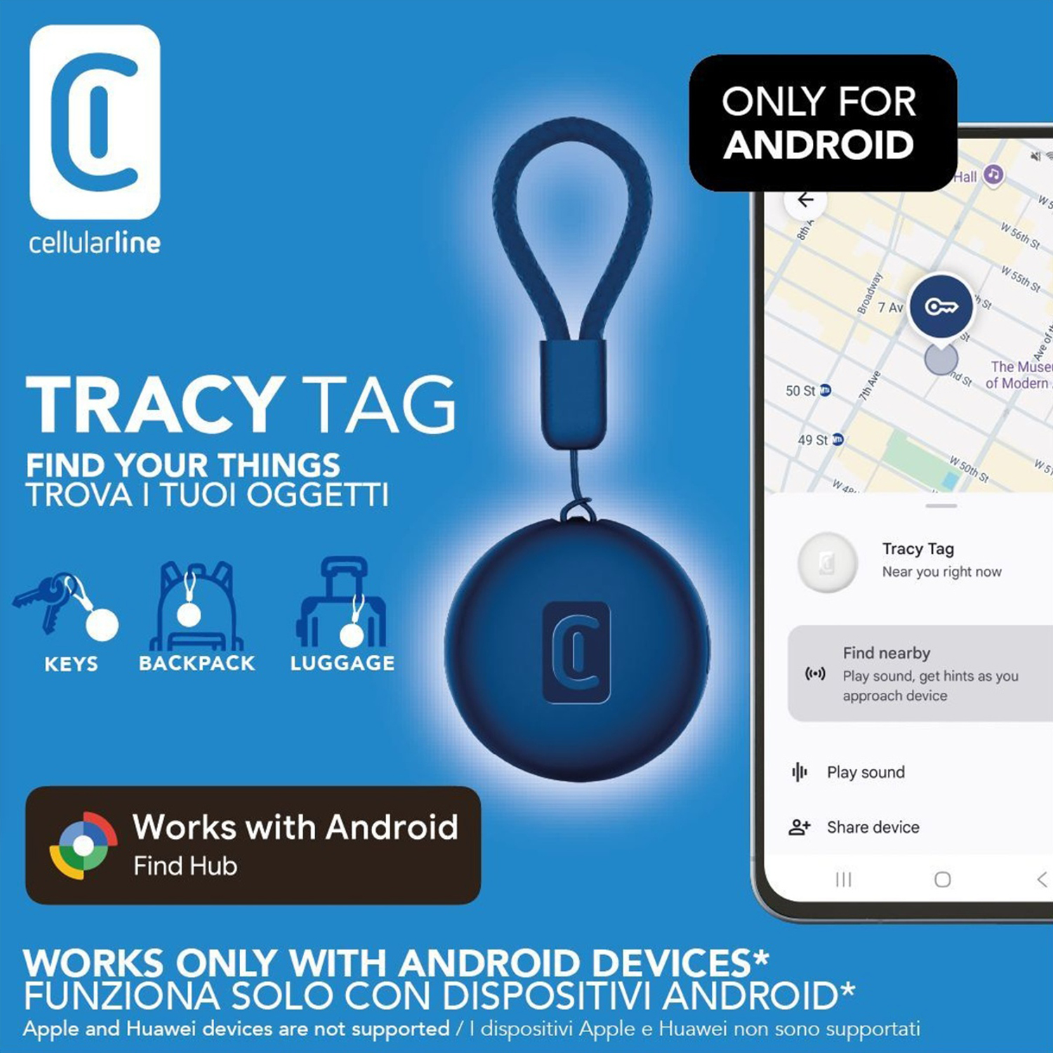 Tracker Tracy Tag blu con telefono che mostra la mappa. Funziona con Android. Icone chiavi, zaino e bagagli visualizzate.