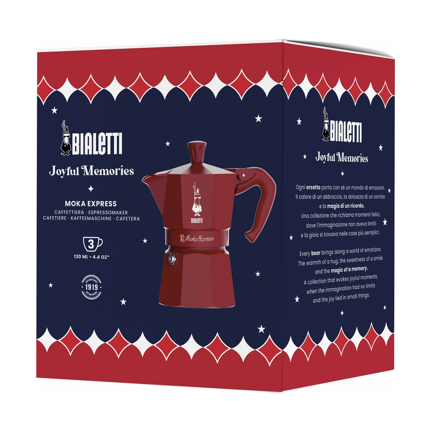 Una caffettiera rossa Bialetti Moka Express su una scatola con testo e design a stella. La scatola è rossa e blu.