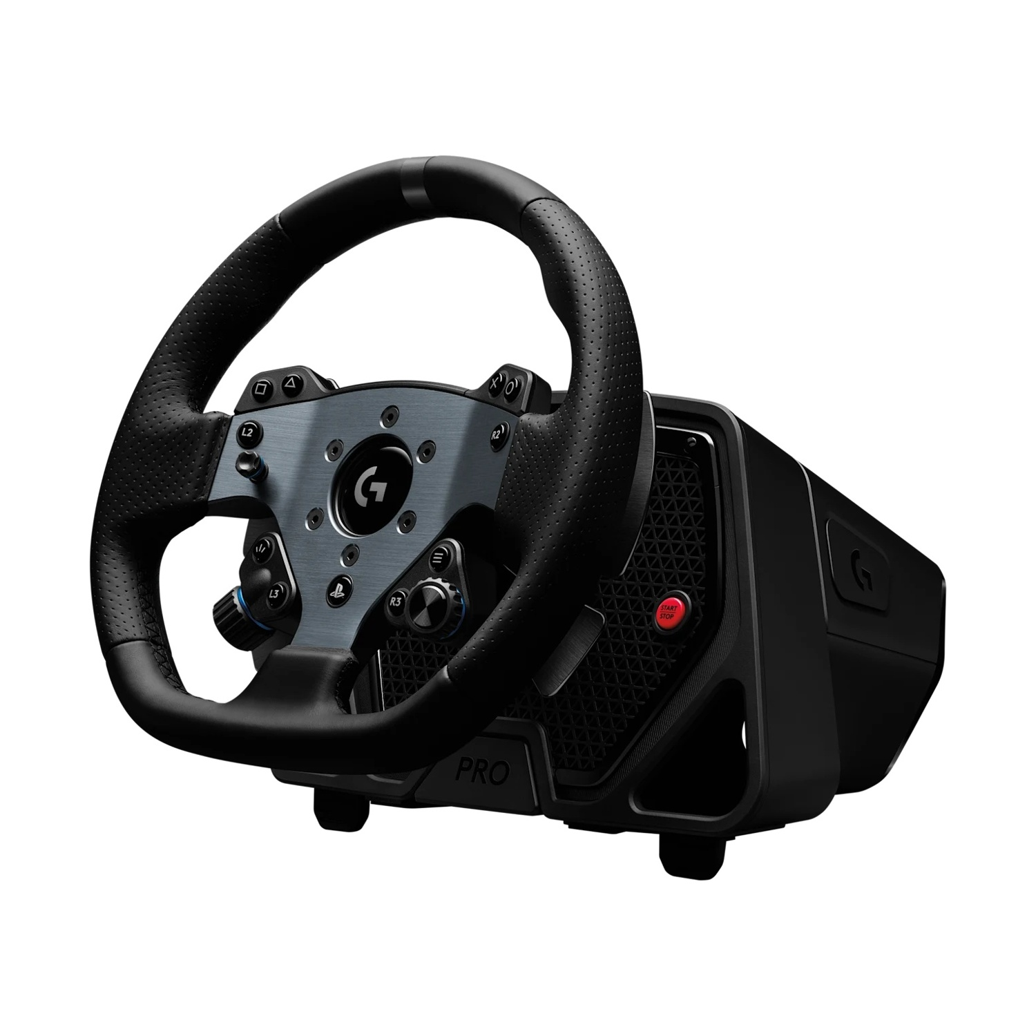 Un volante da corsa nero e grigio con pulsanti, un pulsante di avvio rosso e il logo Logitech G. Impugnatura in pelle traforata.