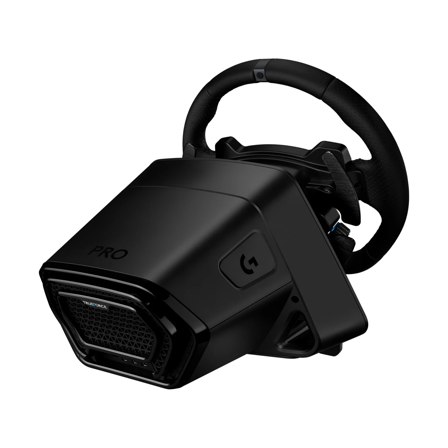 Un volante da corsa nero con la scritta PRO. Ha un logo TrueForce e un logo G.