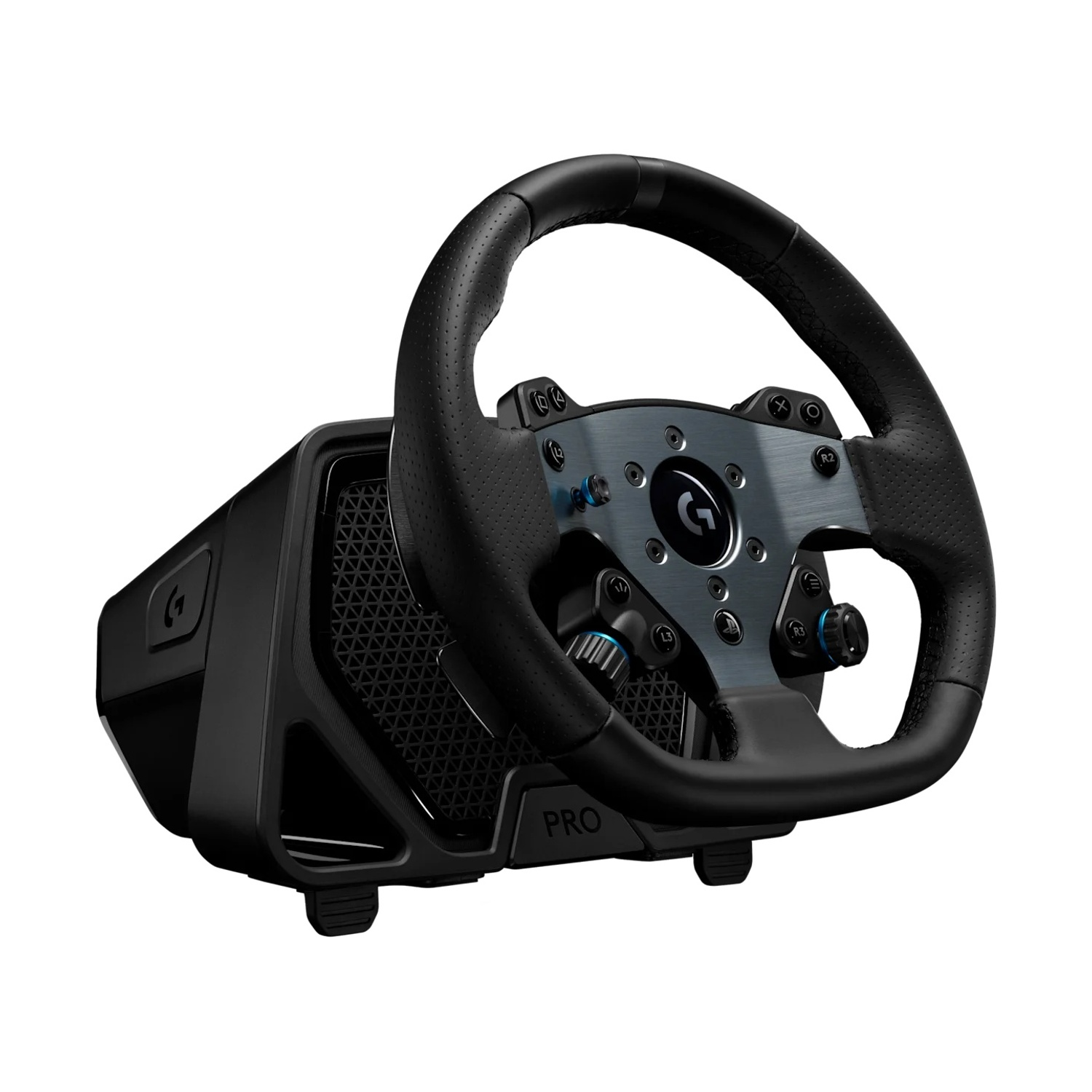 Un volante da corsa nero con centro argentato. Ha pulsanti e manopole. La base è nera con motivo a nido d'ape.