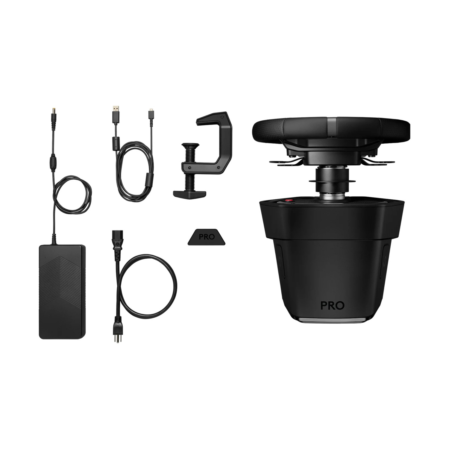 Un volante da corsa nero con cavi e accessori su sfondo bianco. Include un adattatore di alimentazione e un morsetto.