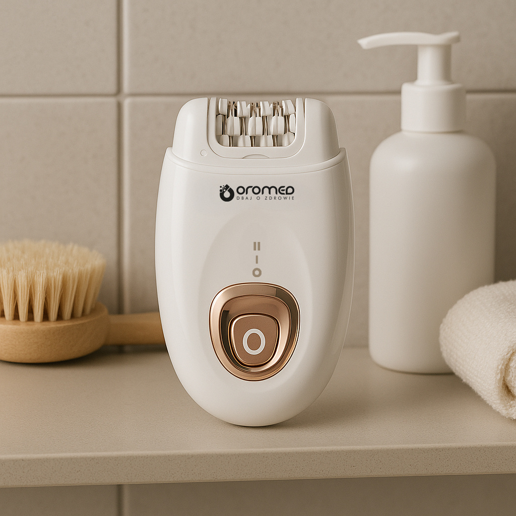 Biały depilator ze złotymi akcentami stoi na półce. Na półce znajdują się szczotka, dozownik mydła i ręcznik.