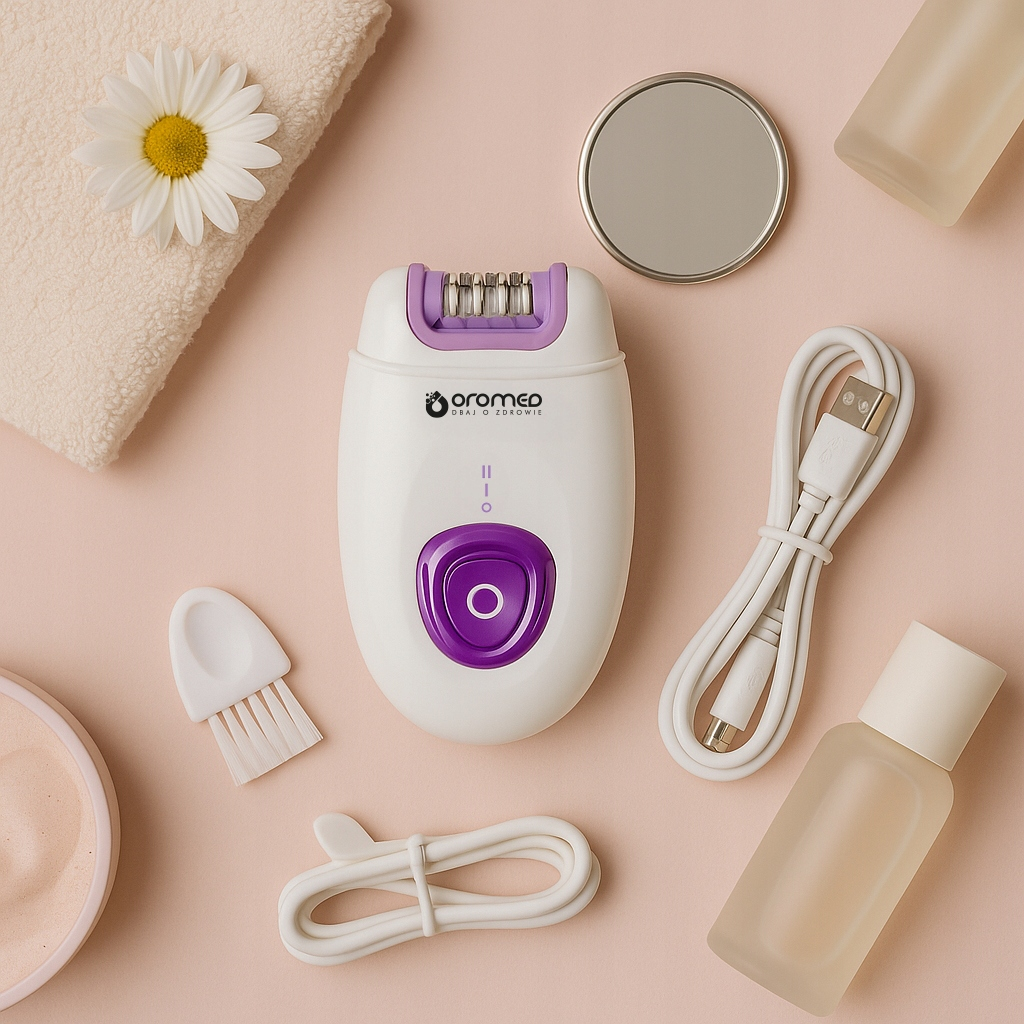 Biały depilator z fioletowymi akcentami, otoczony akcesoriami jak lustro, szczotka, stokrotka i ręcznik na różowej powierzchni.