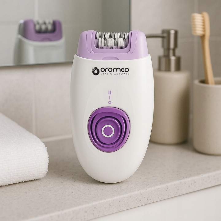 Biało-fioletowy depilator stoi na blacie. Lustro, dozownik mydła, szczoteczka do zębów i ręcznik w tle.