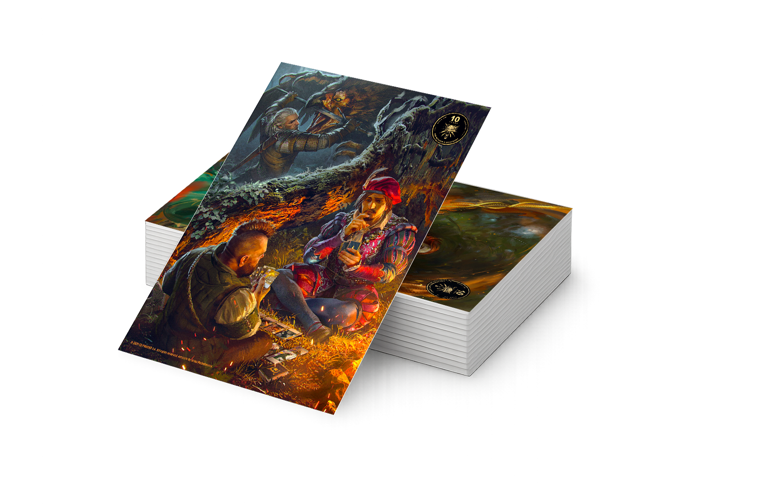 Karty przedstawiające scenę fantasy z postaciami, potworem i talią. Jedna karta jest na wierzchu, pokazując dwóch mężczyzn i ogień.