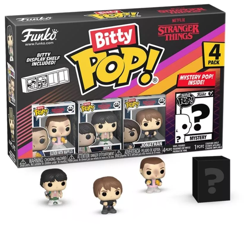 Stranger Things Bitty Pop figurák dobozkészlete. Tartalmazza Elevet, Mike-ot, Jonathant és egy titokzatos figurát.