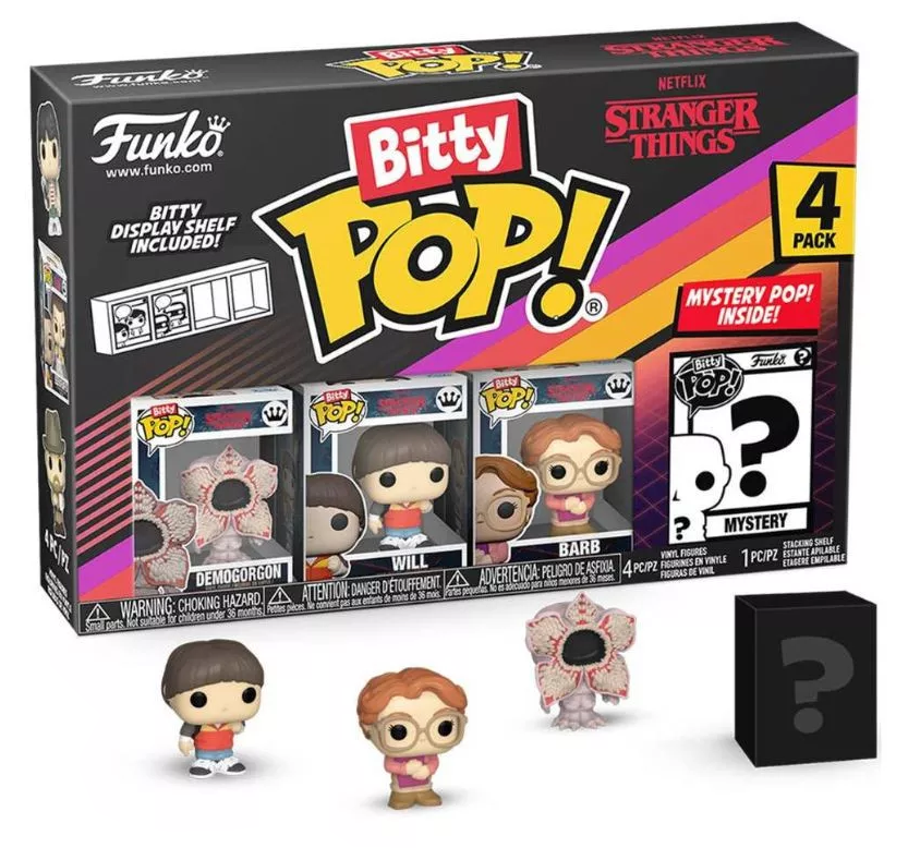 Stranger Things Bitty Pop figurák dobozkészlete. Négy figurát és egy rejtélyeset tartalmaz.