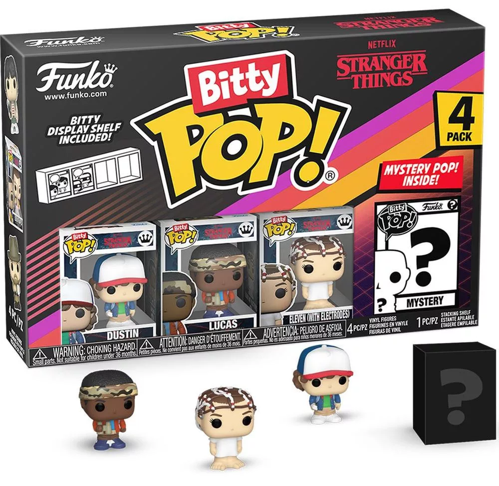 Egy Stranger Things Bitty Pop! dobozkészlet Dustin, Lucas, Eleven figurákkal és egy rejtélyes figurával.