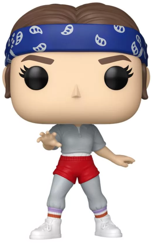 Funko Pop figura egy kék kendős, szürke inges, piros rövidnadrágos és szürke nadrágos, fehér cipős, kinyújtott karú nőről.