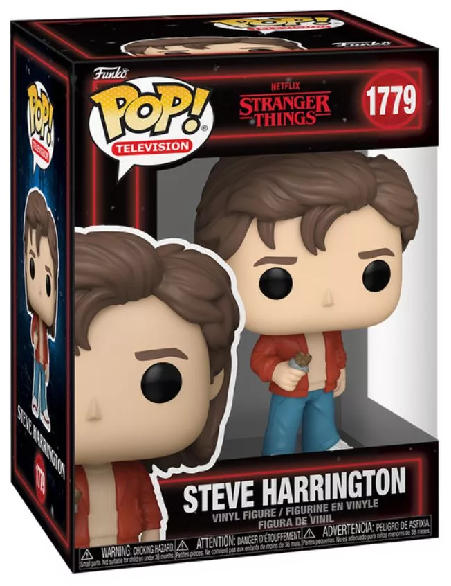 Egy Funko Pop doboz Steve Harrington figurával. A figura piros kabátot, kék farmert visel, és egy snacket tart. A dobozon a műsor logója látható.