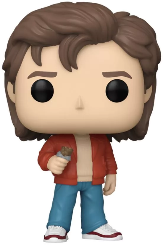 Funko Pop figura barna hajú férfiról, piros kabáttal, kék farmerrel, snack-et tartva.