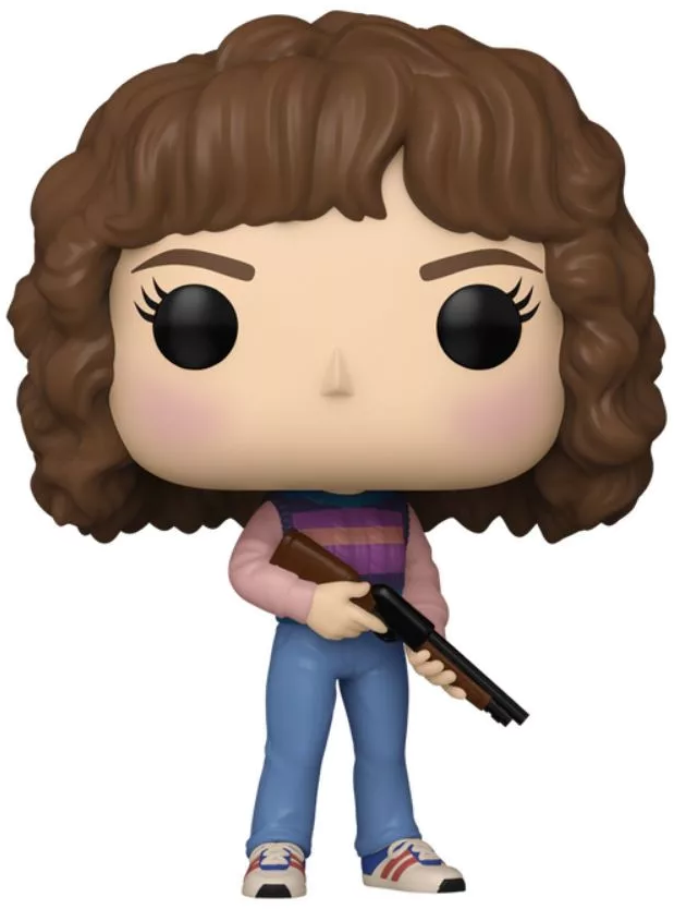 Funko Pop figura barna hajú kislányról, aki puskát tart. Rózsaszín inget, kék farmert és sportcipőt visel.