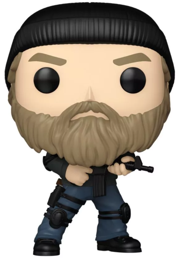 Funko Pop figura szakállas férfiról, fekete sapkával és fegyverrel. Kék nadrágot és fekete dzsekit visel.