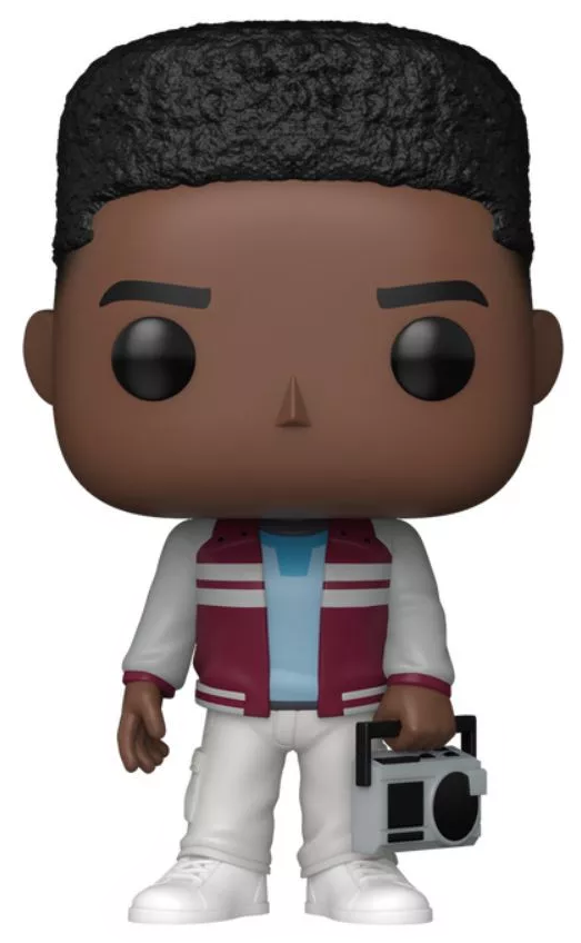 Funko Pop figura egy fekete férfiról, aki dzsekit visel és egy boomboxot tart. Fehér nadrágot és cipőt visel.
