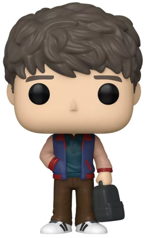 Funko Pop figura barna hajú fiúról, kék dzsekivel, fekete hátizsákkal, barna nadrággal és fehér cipővel.