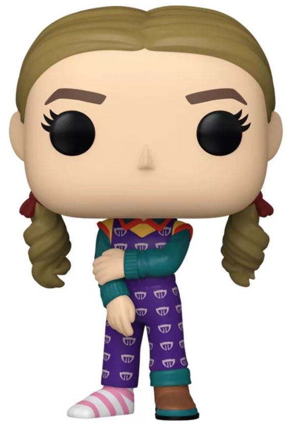 Funko Pop figura copfos kislányról, lila pizsamában fehér szimbólumokkal. Rózsaszín-fehér csíkos zoknija van.