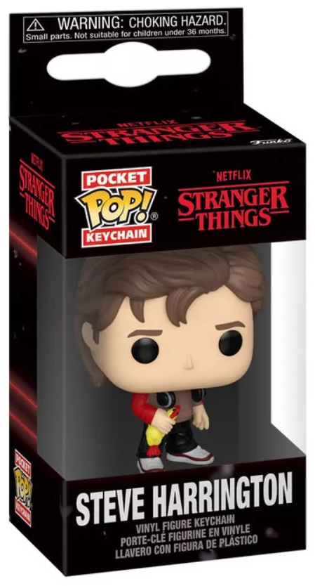 Egy Funko Pop kulcstartó Steve Harrington-ról a Stranger Things-ből. Sárga és piros baseball ütőt tart. A dobozon sorozat logók vannak.