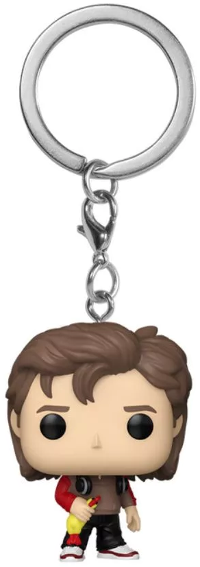 Kulcstartó Funko Pop figurával. Steve Harrington sárga denevért tart piros szögekkel.