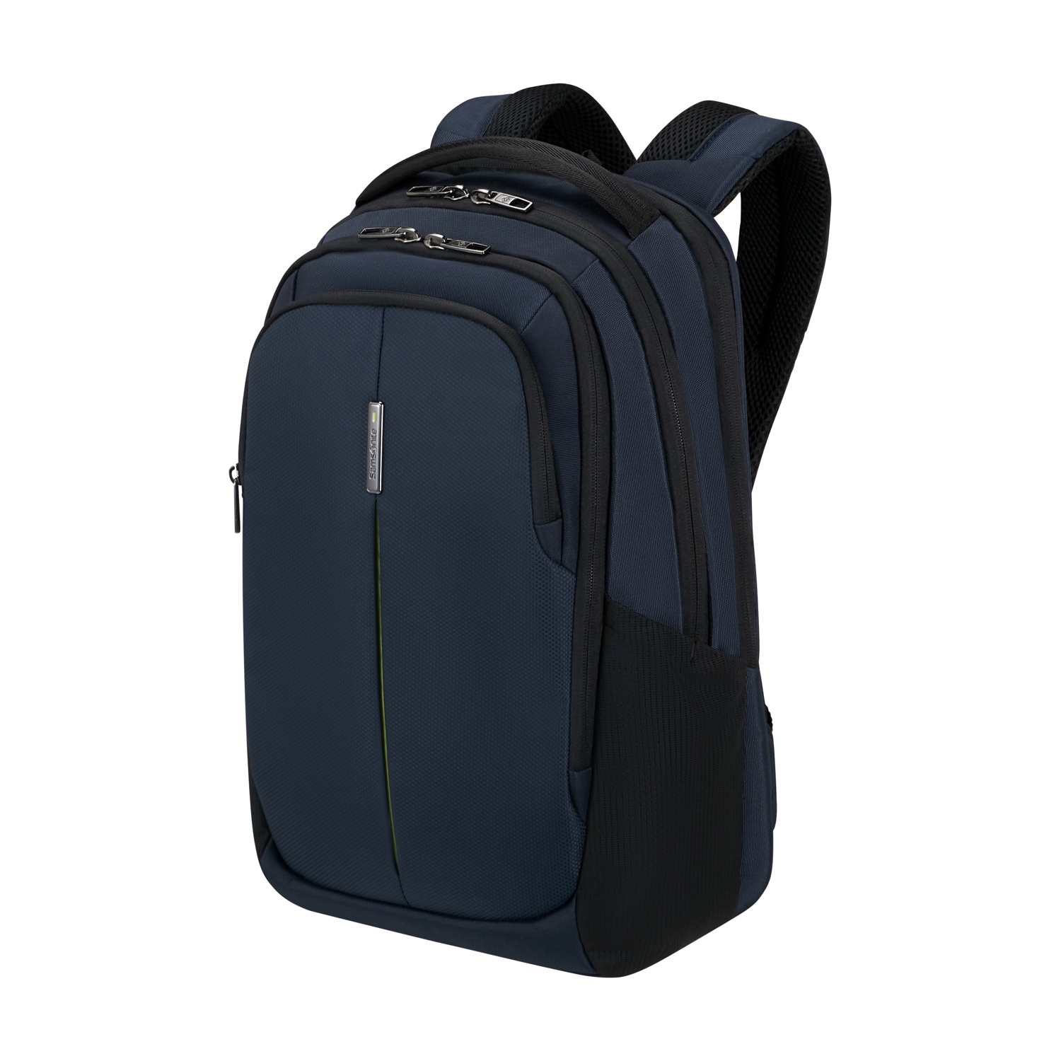 Uno zaino blu navy Samsonite su sfondo bianco. Ha una striscia verde verticale e una tasca laterale in rete.